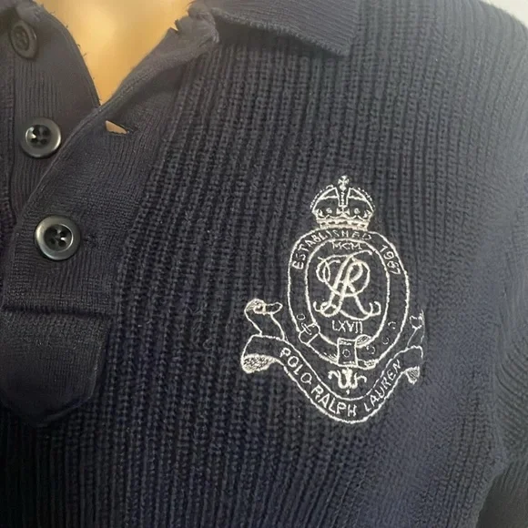 Vintage Ralph Lauren Navy Collegiate Crest Sweater Large